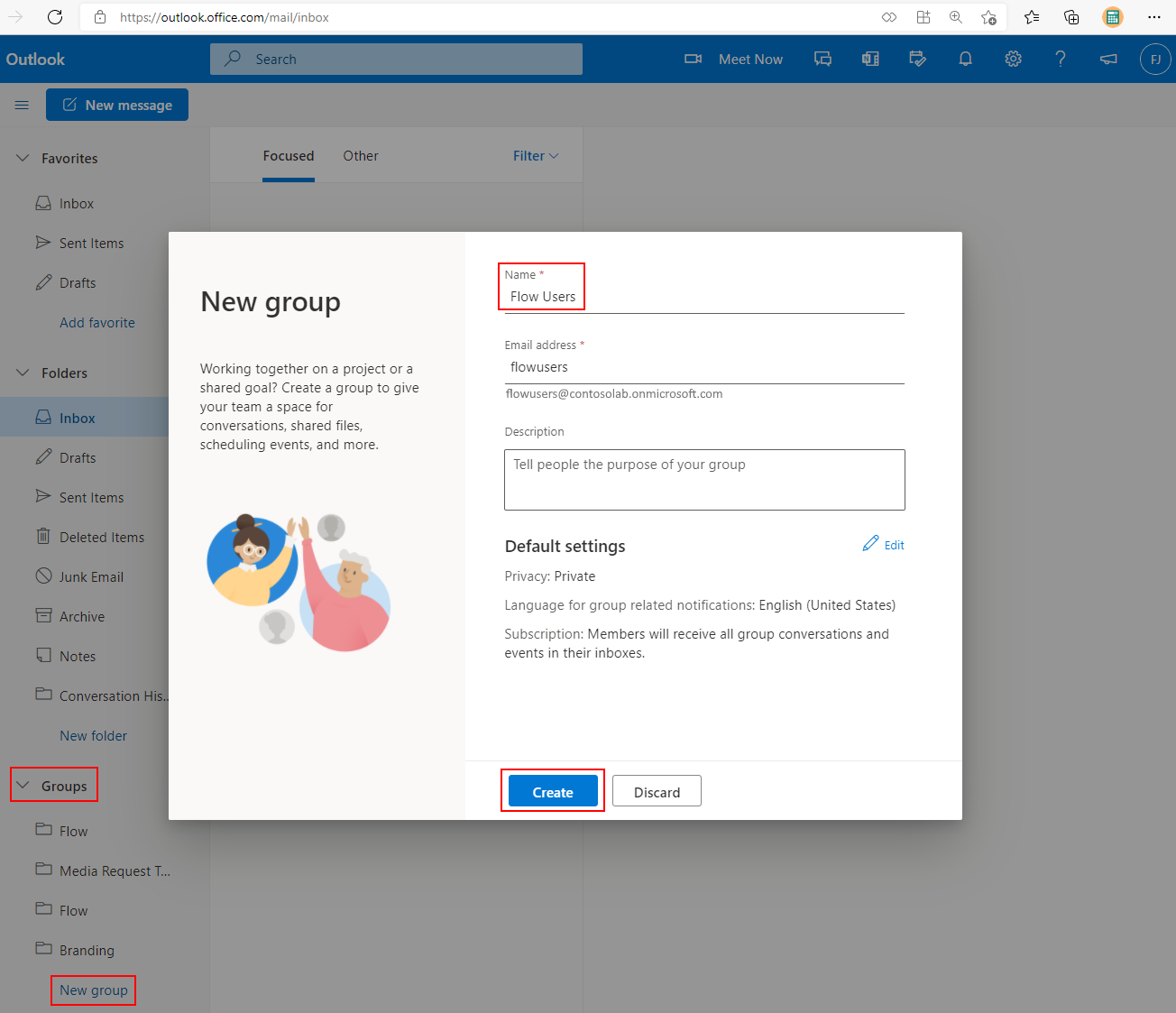 Screenshot of Outlook with the new group dialog open.