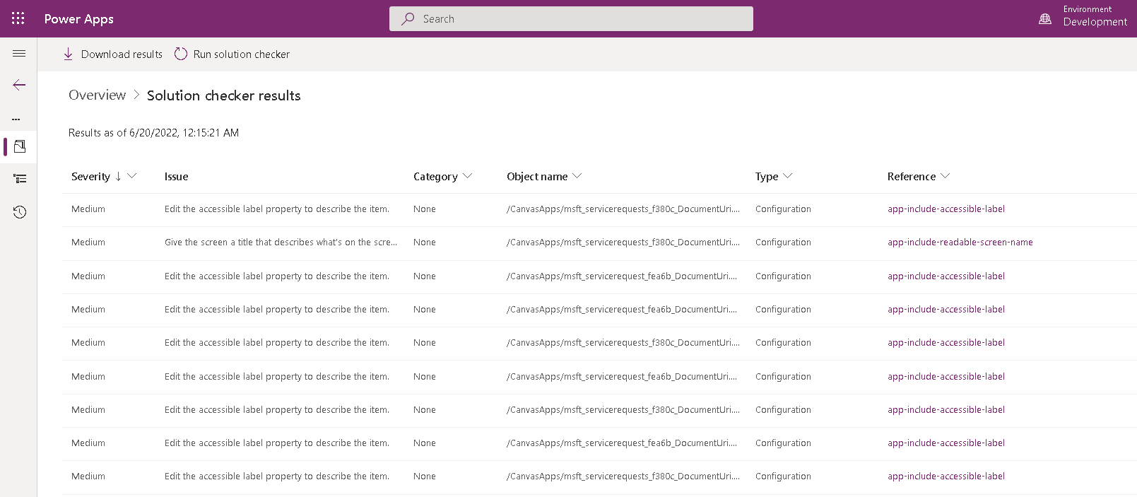 Screenshot of the errors listed on the Solution checker results report.