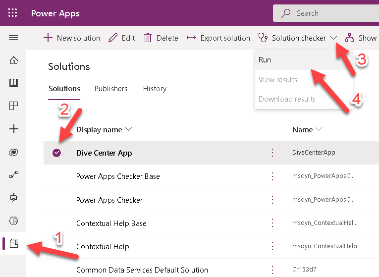 Screenshot of the steps to run the solution checker.