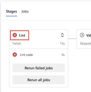 Screenshot of a pipeline run in Azure DevOps, with the name of the Lint stage highlighted.