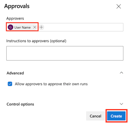 Screenshot of the Azure DevOps interface that shows the page for adding an approval check, with the details completed and the Create button highlighted.