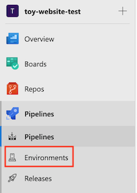 Screenshot of the Azure DevOps interface that shows the Pipelines menu, with the Environments item highlighted.