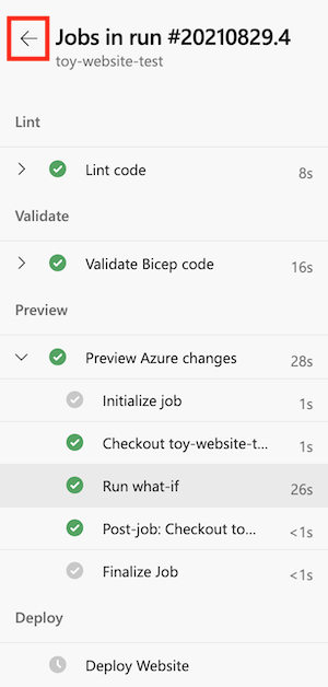 Screenshot of the Azure DevOps interface that shows the pipeline log menu, with the back arrow highlighted.