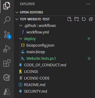 Screenshot of Visual Studio Code Explorer, with the deploy folder and the test file shown.