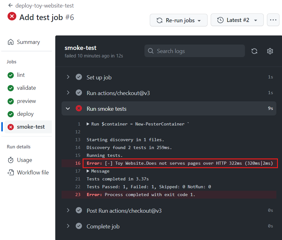 Screenshot of the GitHub interface that shows the workflow run's test results, with the failed test highlighted.