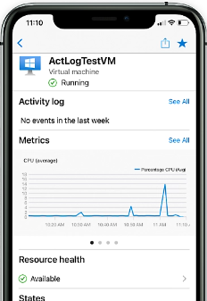 Screenshot of the Azure mobile app running on a phone, showing the activity log for a virtual machine.