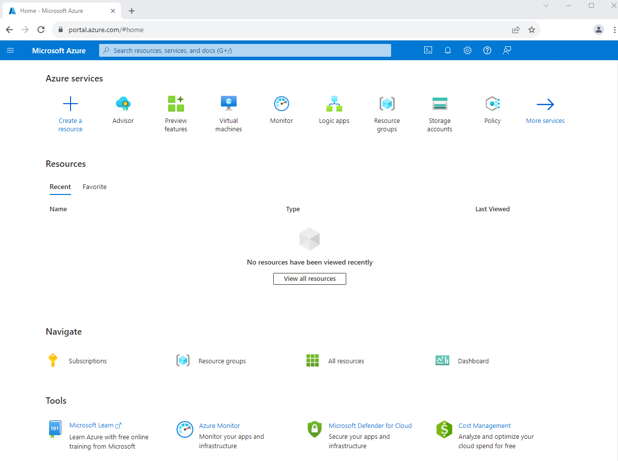 Screenshot of the Azure portal showing the left-hand navigation and suggested Azure services.