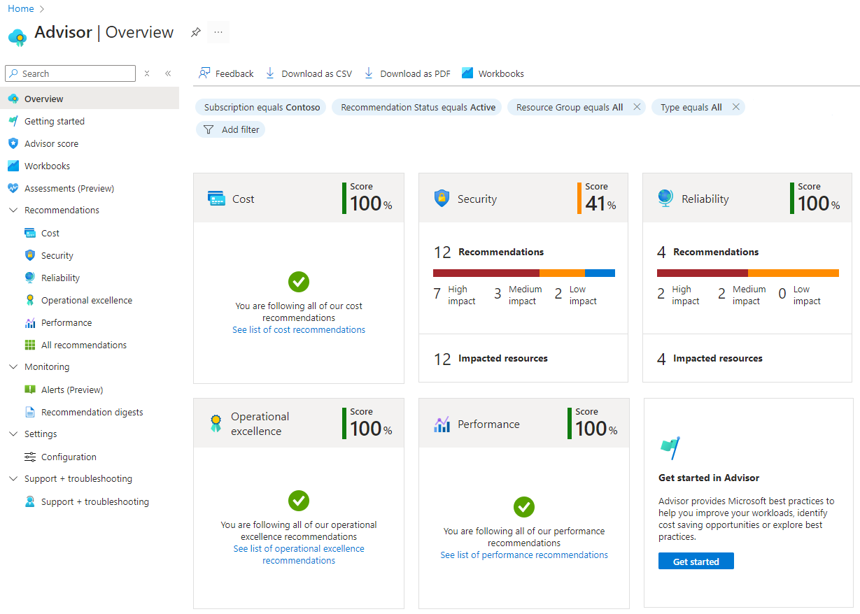 Screenshot of the Azure Advisor Overview page in the Azure portal.