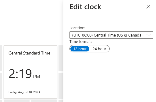 Screenshot showing the Edit clock settings for the Clock tile in the Azure portal.
