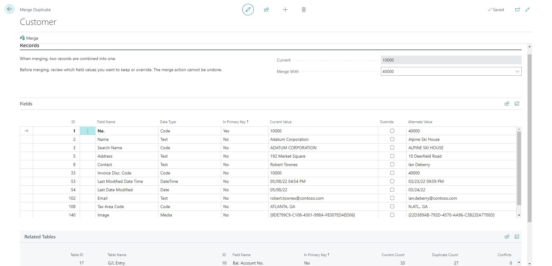 Screenshot showing the Merge Duplicate page for customers.