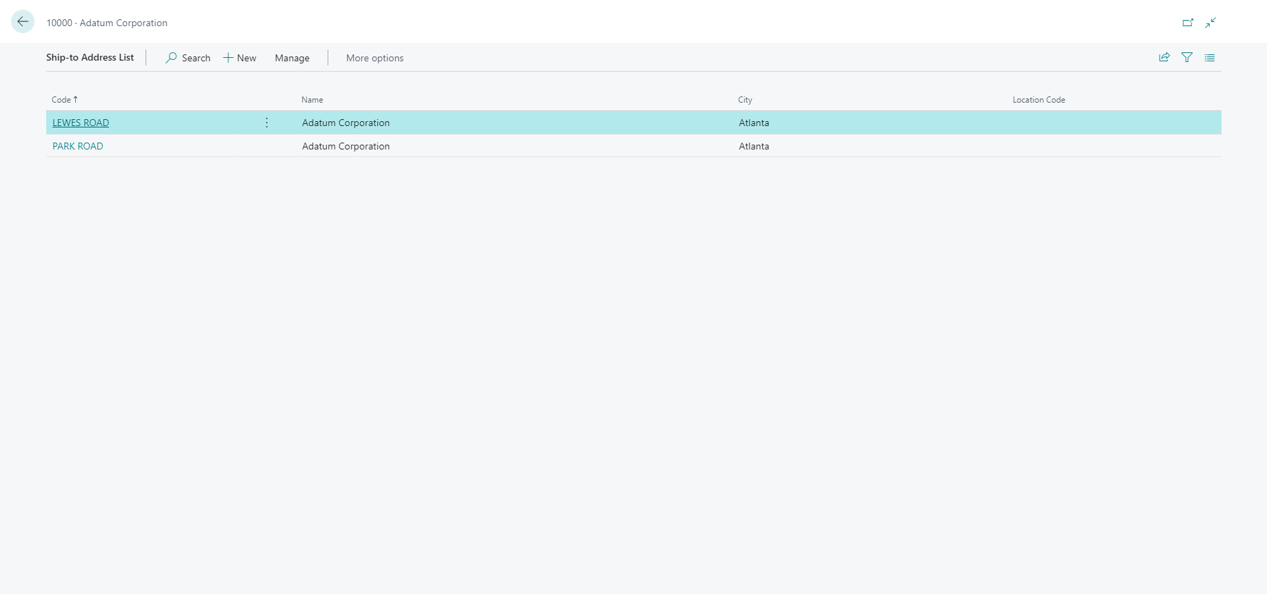 Screenshot of the Ship-to Address List page.
