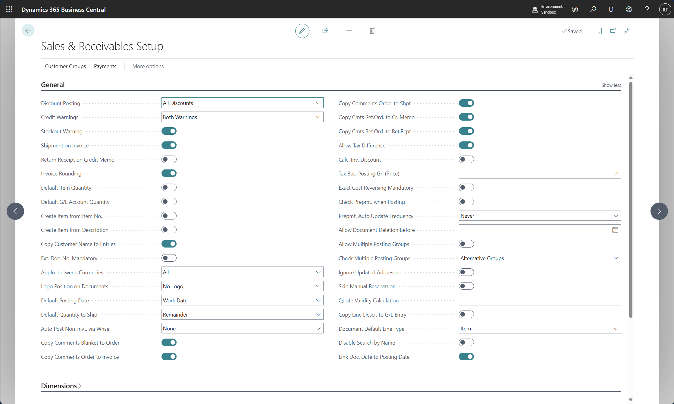 Screenshot of the Sales & Receivables Setup window.