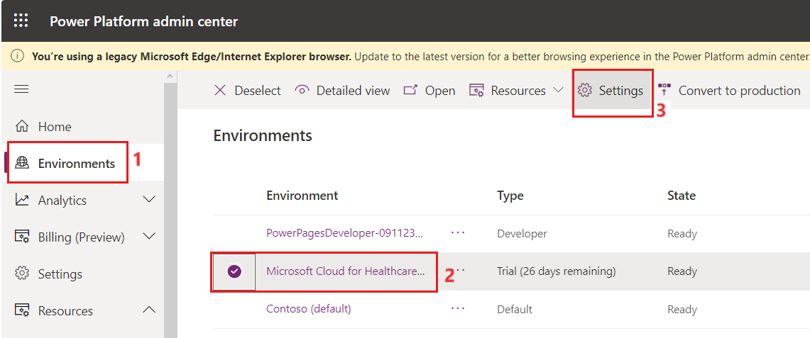 Screenshot of Environment page with Settings option highlighted.