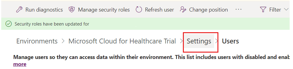 Screenshot of Environment page with Settings and Microsoft Cloud for Healthcare trial highlighted.