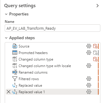 Screenshot of the Applied steps section showing two Replaced value steps added.