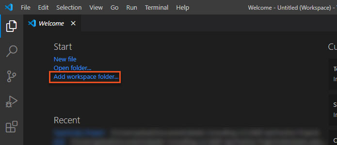 Screenshot of the Visual Studio Code Welcome pane, with the Add workspace folder command highlighted.