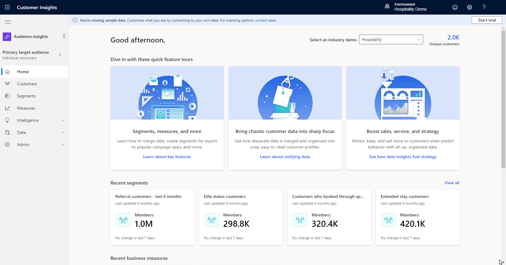 Screenshot of the Customer Insights home page.