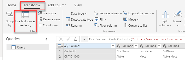 Screenshot of Use First Row as Header selection.