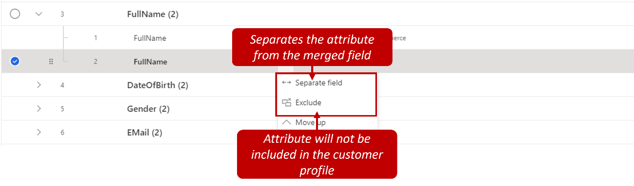 Screenshot of the separate field and exclude options.