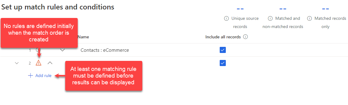 Screenshot of the Matching customer records Create new rule button and Needs Rules notation.