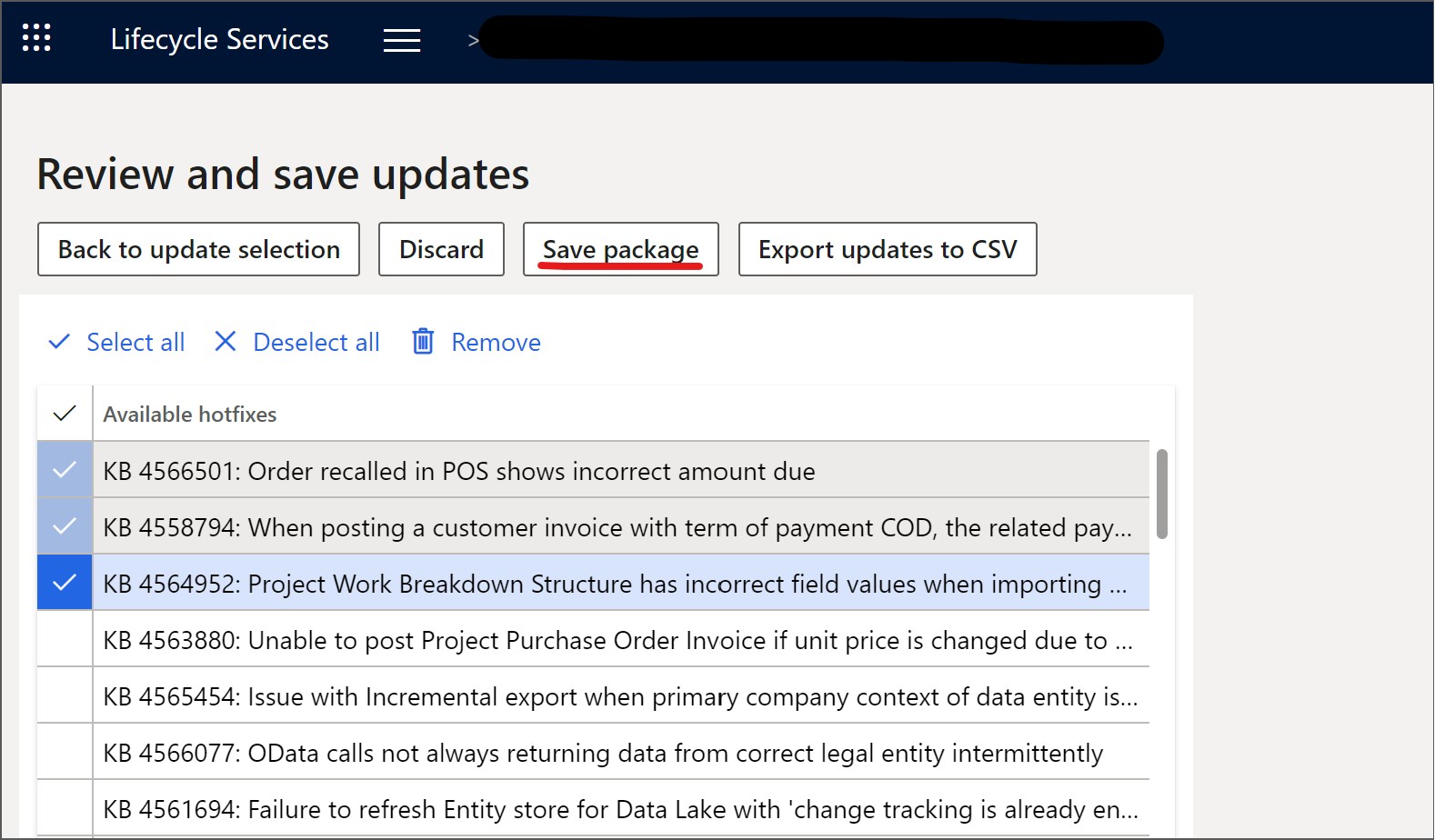 Screenshot of an example of the Review and save updates page