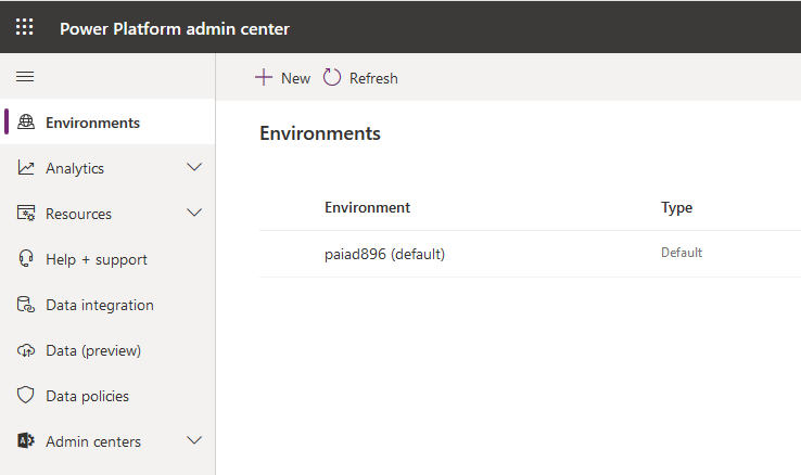 Microsoft Power Platform admin center on the Environments tab showing the
default environment.