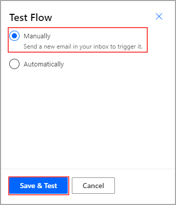 Screenshot of the Test Flow dialog box with Manually selected.