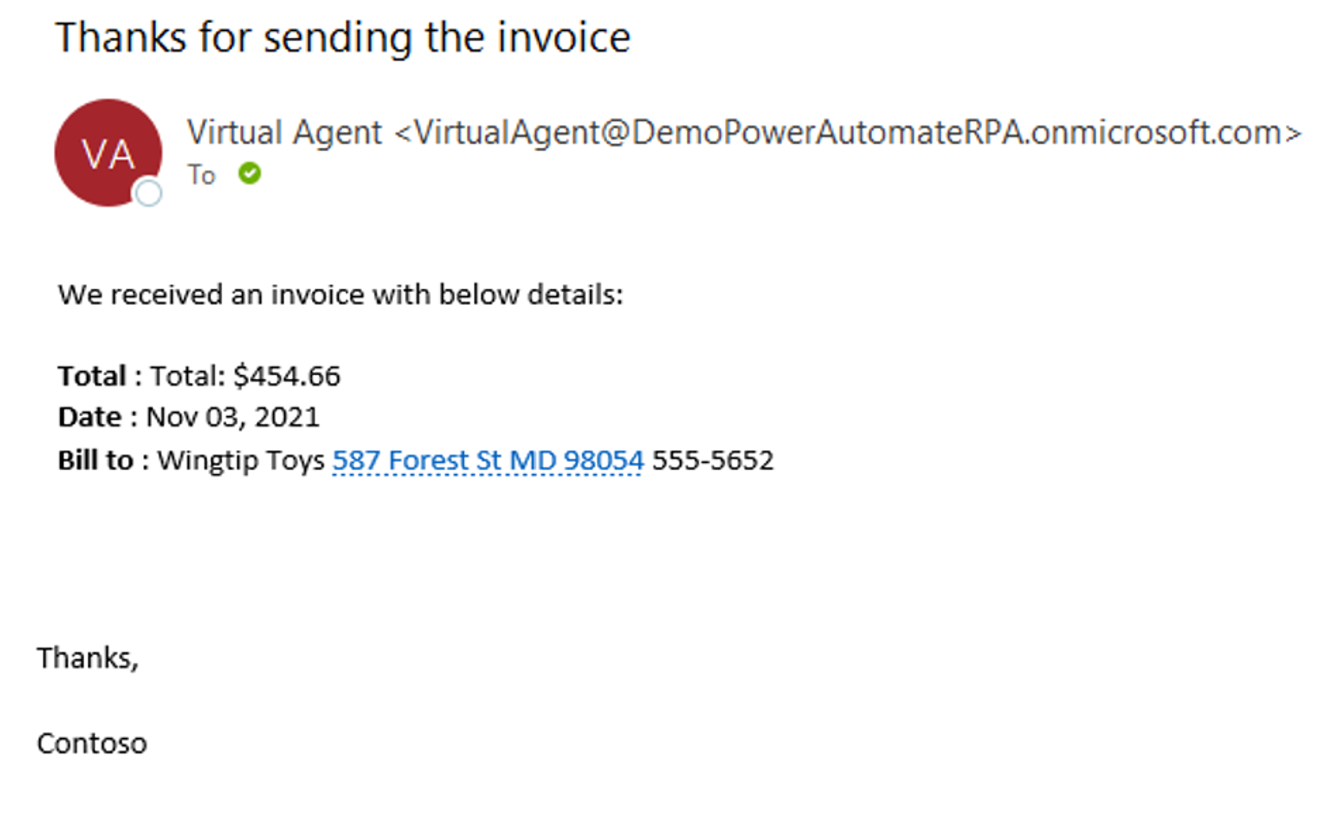 Screenshot of the email opened in Outlook.