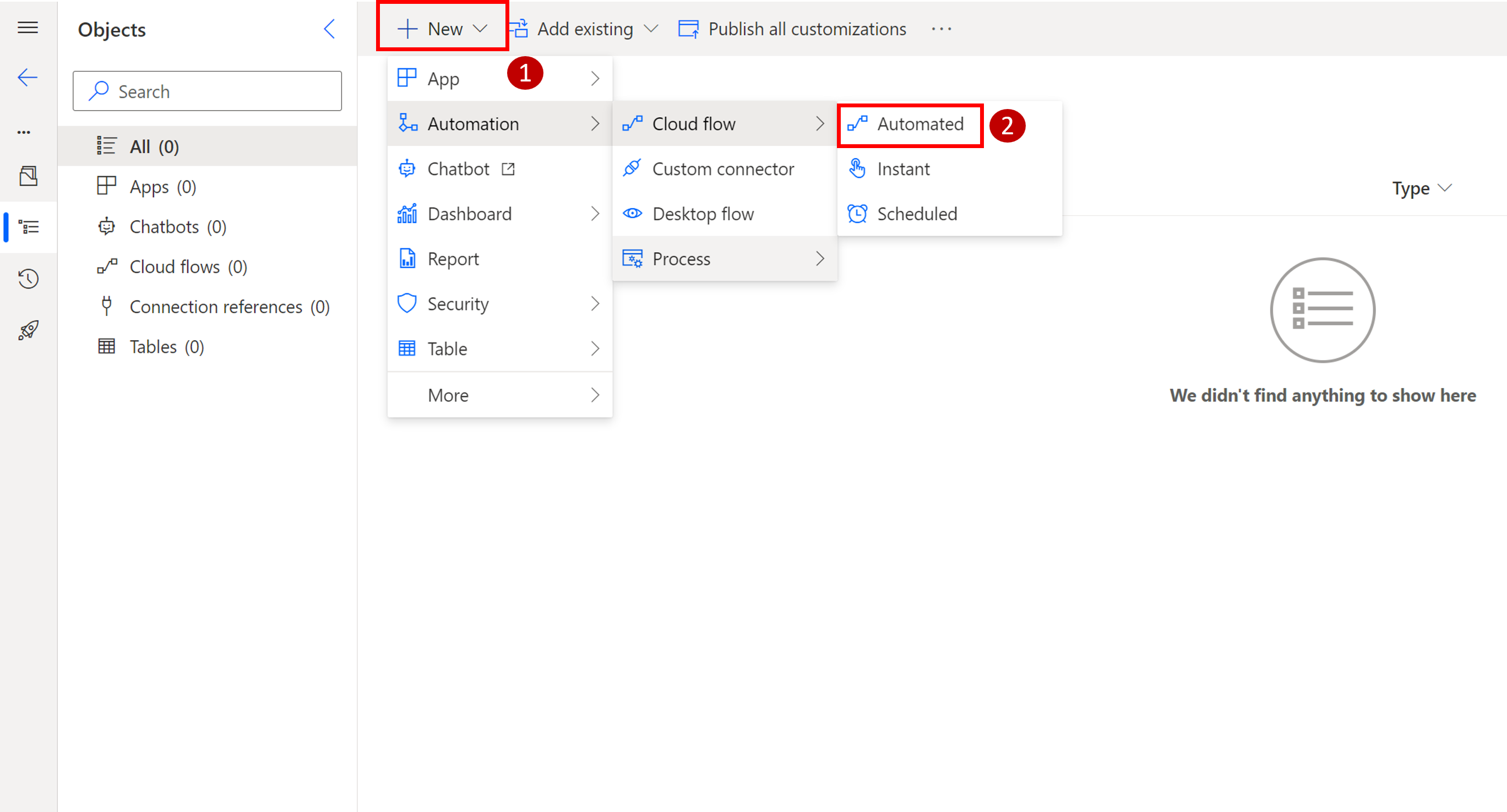 Screenshot of the new automation menu with cloud flow automated selected.