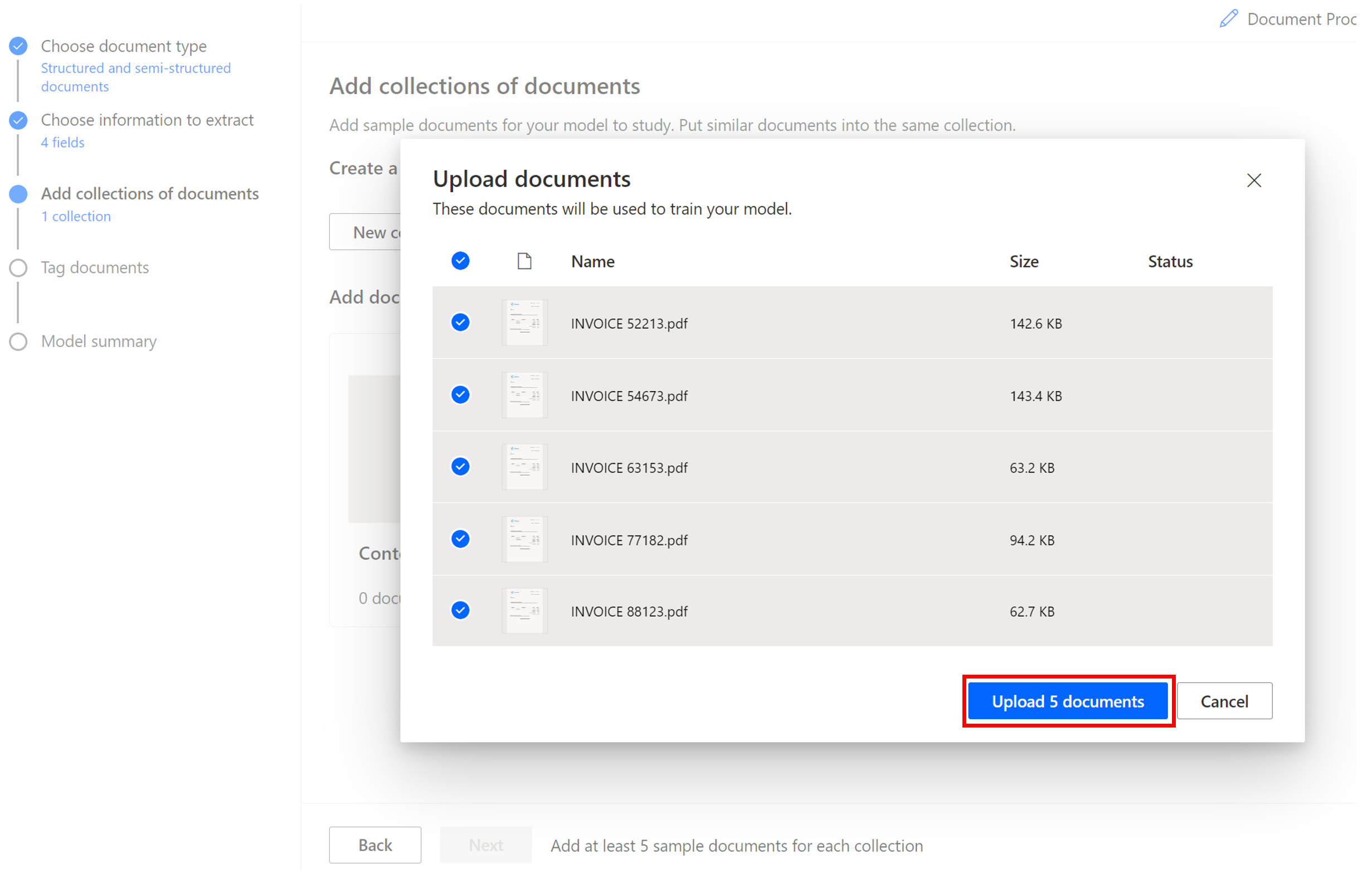Screenshot of the Upload documents dialog box.
