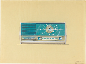 Drawing of a slick clock radio from 1957.