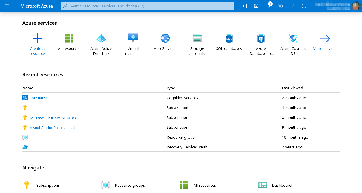 Screenshot of the Azure portal and services page.