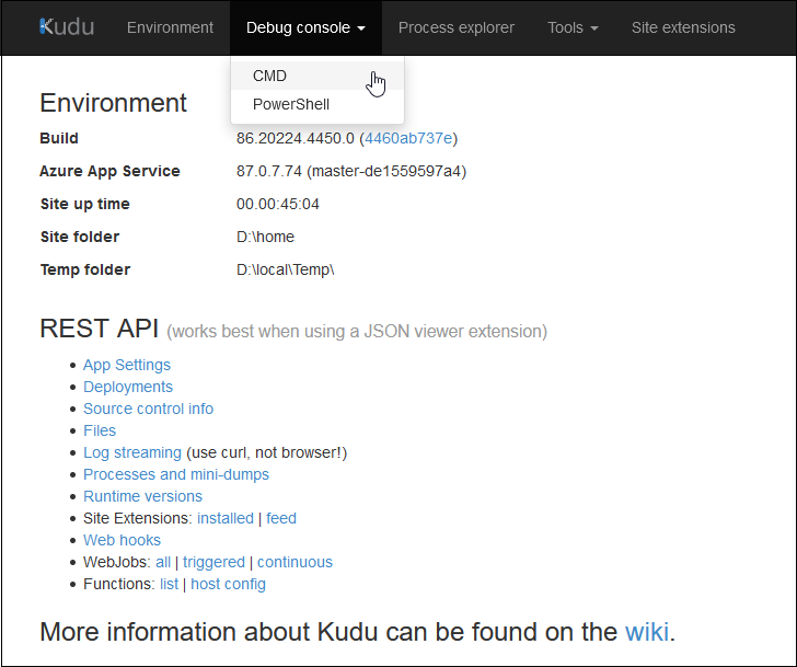 Screenshot of the Kudu app environment page.