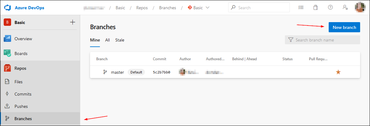 Screenshot of the Azure DevOps Branches page with New branch button.