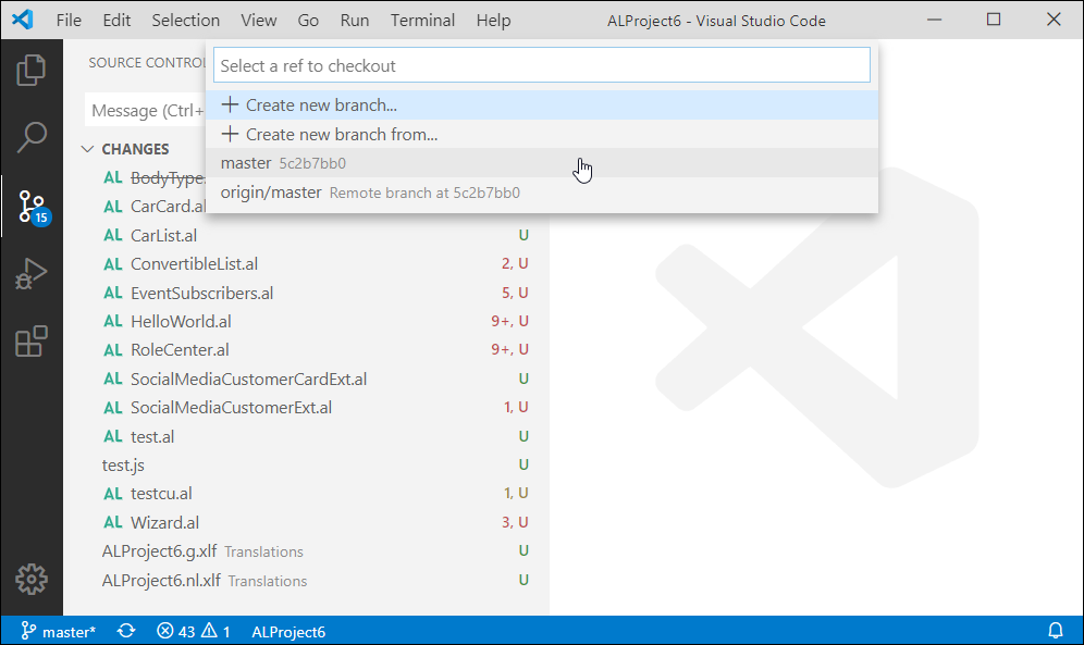 Screenshot of the Create new branch feature in Visual Studio Code.