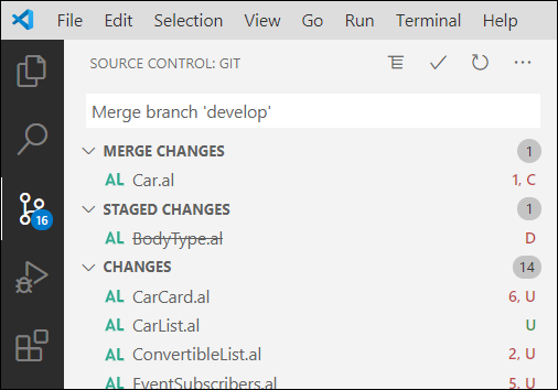 Screenshot of the merge changes list.