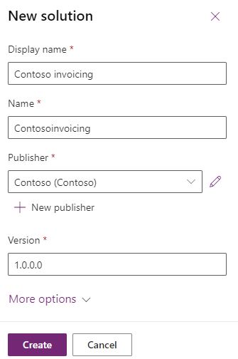 Screenshot of the create new Contoso Invoicing solution details.