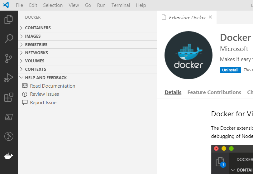 Screenshot of the Docker extension in Visual Studio Code.