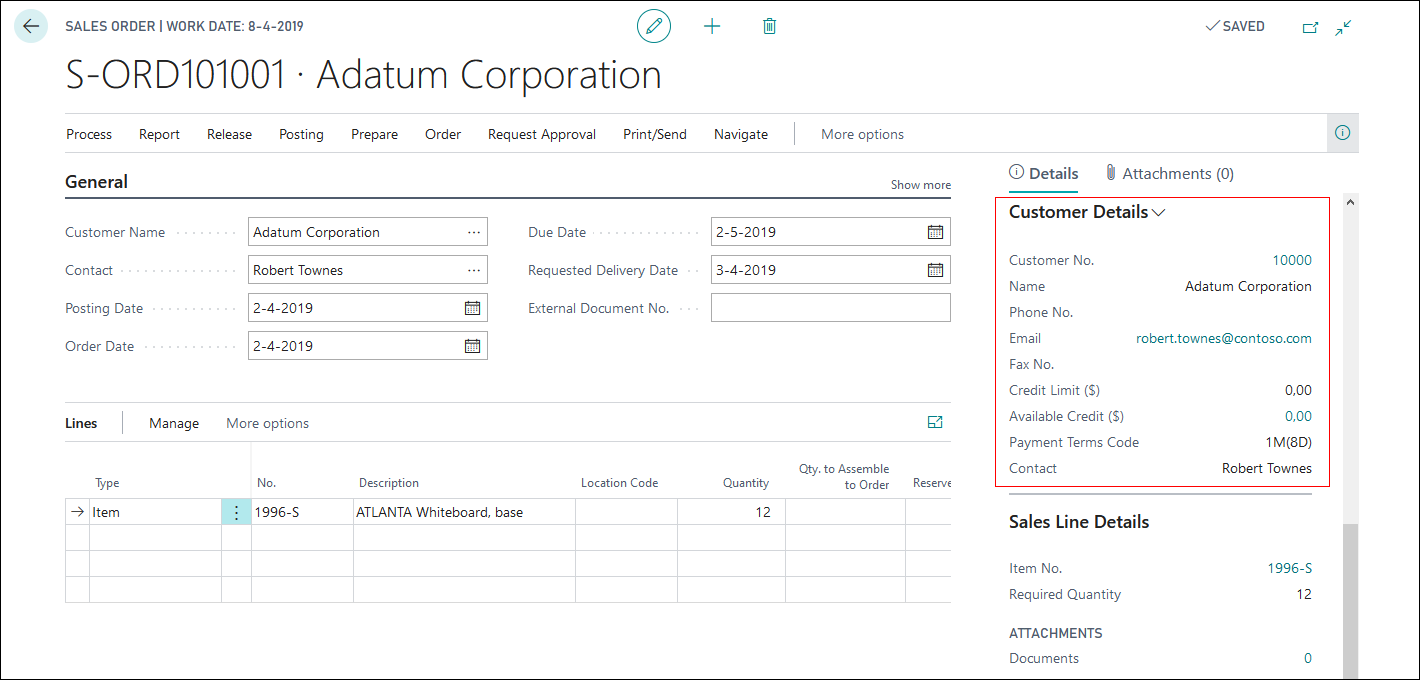 Screenshot of the customer details in a FactBox.