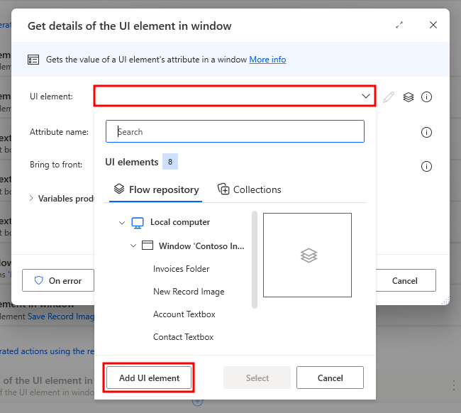 Screenshot showing the Get details of a UI element in window dialog with the Add UI element button highlighted.