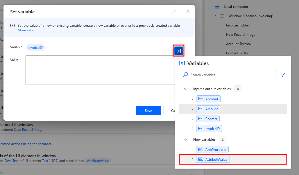 Screenshot showing the Set variable dialog.