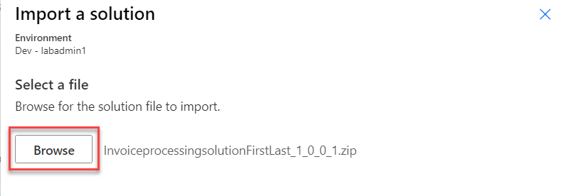 Screenshot showing the Import a solution dialog.