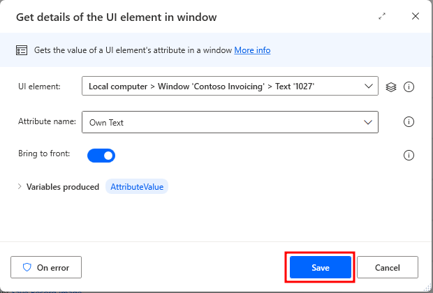 Screenshot showing the Get details of the UI element in window dialog.