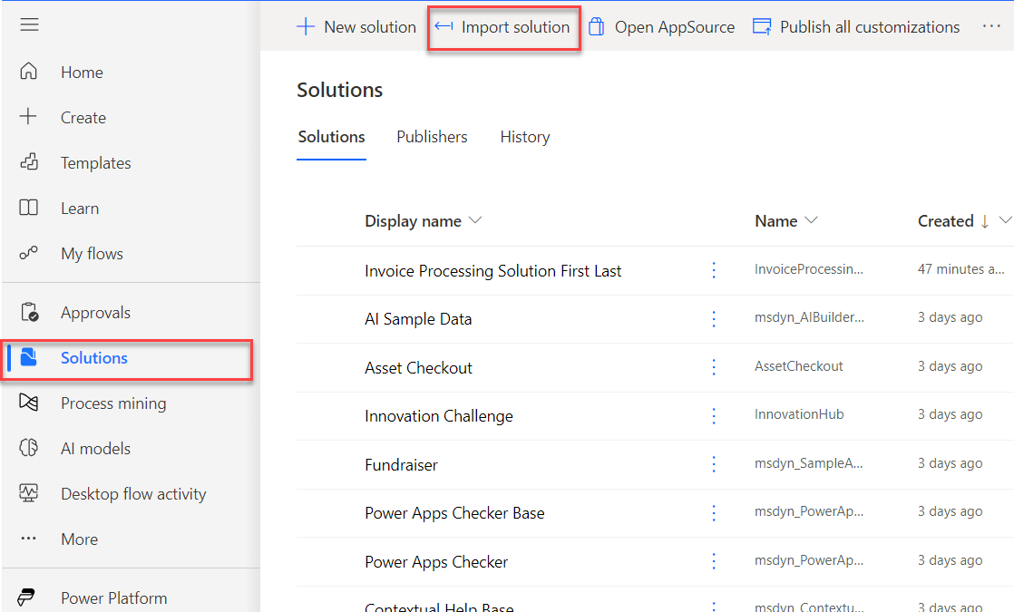 Screenshot showing the Import solution button.