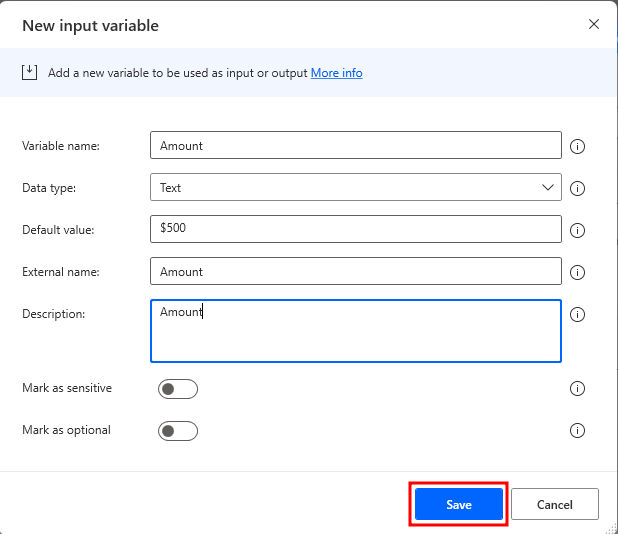 Screenshot showing the Amount input variable.