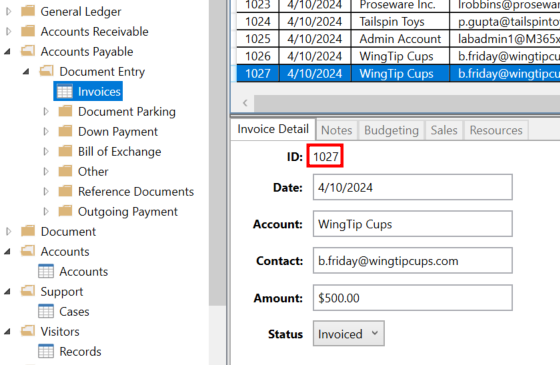 Screenshot showing the invoice ID of the Contoso invoicing application.