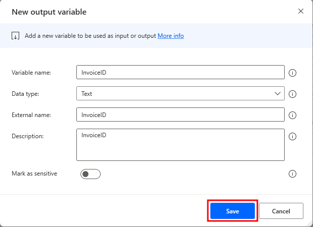 Screenshot showing the Invoice ID output dialog.