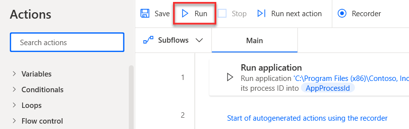 Screenshot showing the run flow button.