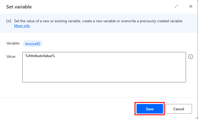 Screenshot showing the Save button of the Set variable dialog.