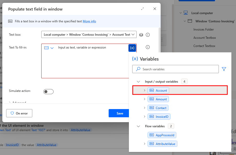 Screenshot showing the Account variable highlighted in the Populate text field in window dialog.